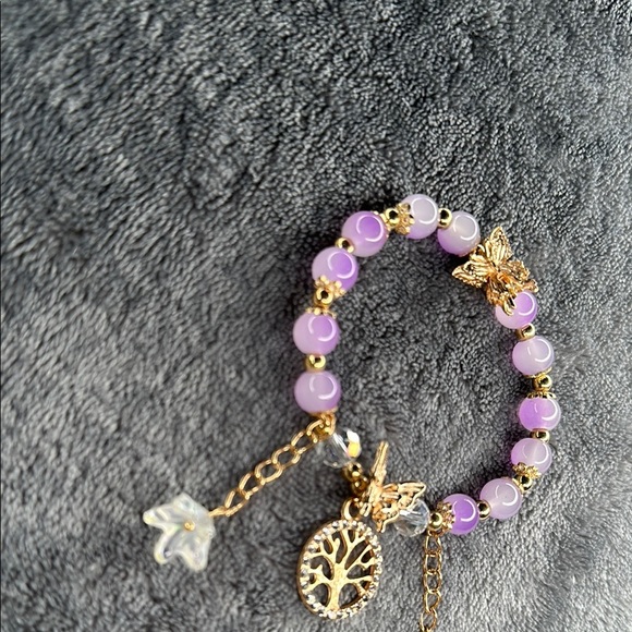Butterfly 🦋 🌺 Flower & Tree of Life Gold & Purple Dangling 3d Charm Bracelet - Picture 3 of 10